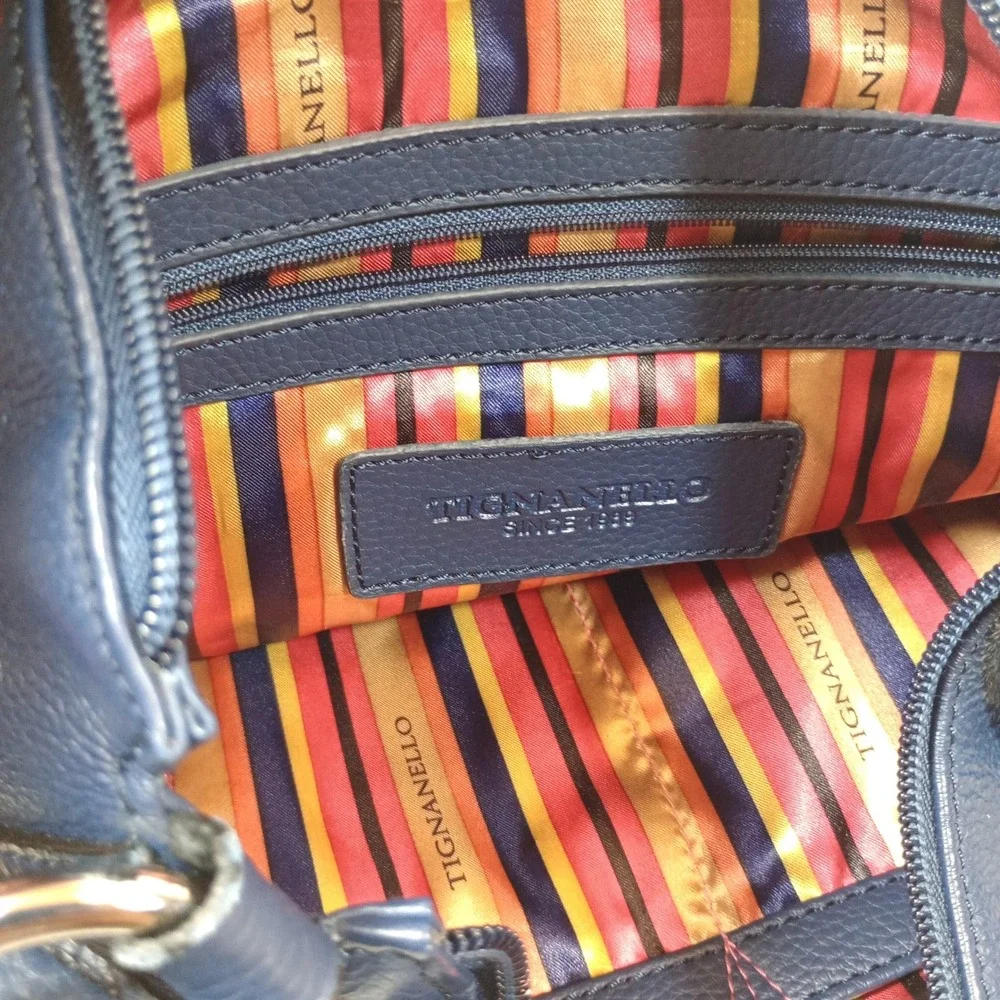 Tignanello Hobo Bag Medium Navy Blue Good Pebbled Leather Tassel Shoulder Purse
